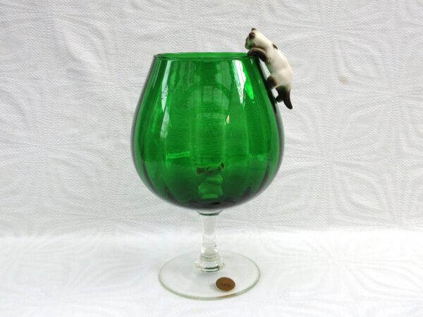 Vintage Kitsch Cat Mouse Brandy Glass Ornament Green 1960s