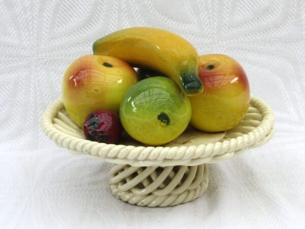 Vintage Kitsch Ceramic Fruit Basket Ornament Lattice Work 70s 80s