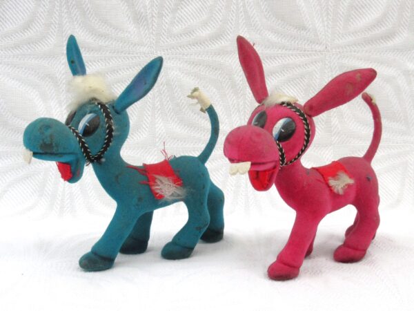 Vintage Kitsch Flock Donkey Pair Ornaments Pink Blue Fluffy Hair 60s 70s