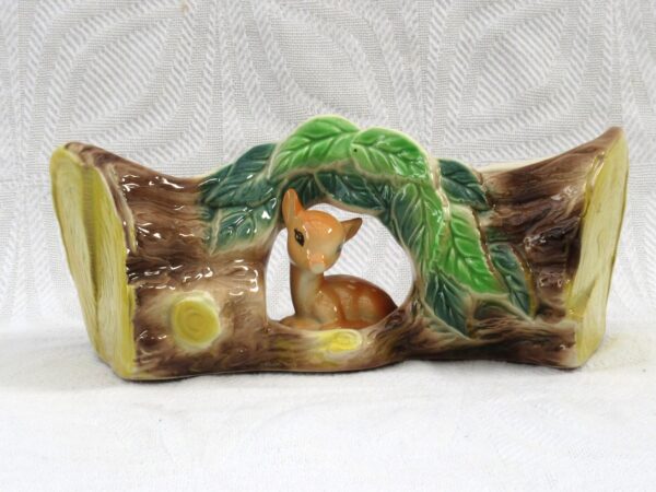 Vintage Kitsch Hornsea Fauna Fawn Log Ornament No 73 Double Bud Vase 50s 60s
