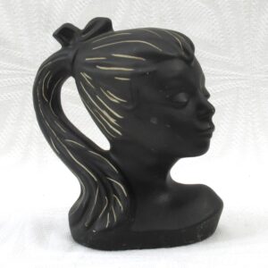 Vintage 1950s Black Chalkware Lady Girl Ponytail Ornament Marked Mid Century MCM