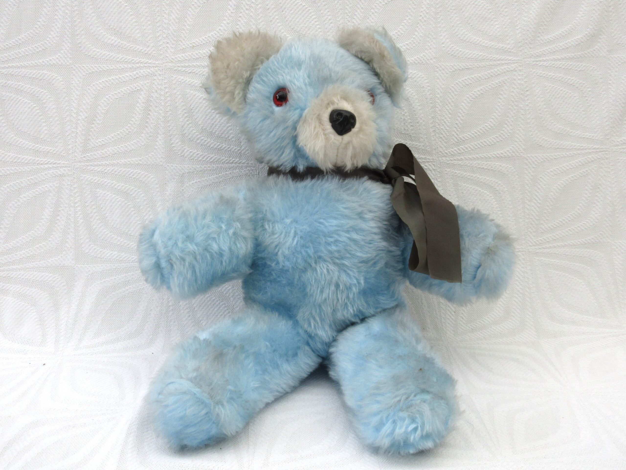 Vintage 1970s Blue Teddy Bear 15 Inch Brown Ribbon Foam Filled