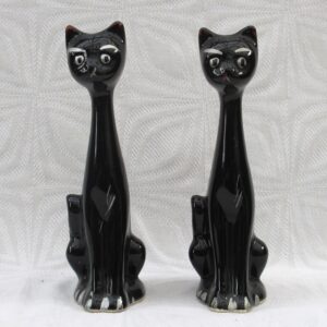 Vintage Kitsch Black Siamese Cat Bud Vase Pair Long Neck Mid Century 50s 60s
