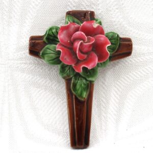 Vintage Catholic Kitsch Ceramic Cross Wall Ornament Rose with Chip 50s 60s