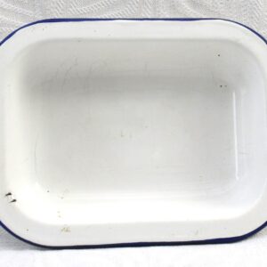 Vintage Enamel Pie Dish 8 Inch Oblong White Blue Made in China