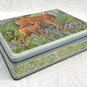 Vintage Frears Biscuits Tin Christmas 1959 Deer Fawn Bluebells Hinged Lid 1950s
