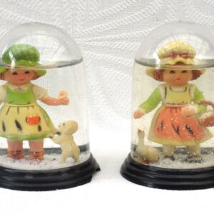 Vintage Snow Globe Ornaments x2 Little Girls Hollie Hobbie Hong Kong 70s 80s