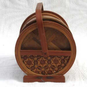 Vintage Bamboo Coasters in Basket Set of 6 Boho Tiki Home 50s 60s