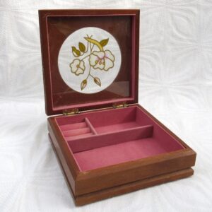 Vintage Wooden Jewellery Box Stained Glass Effect Floral Lid 1980s