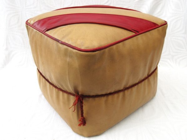 Vintage Hanley Tan Leather Pouffe Cube Footstool Diagonal Red Design 60s 70s