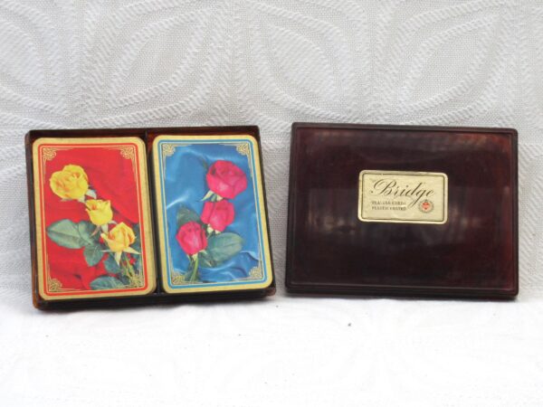 Vintage Bridge Playing Cards Set Roses Brown Bakelite Box Germany 40s 50s