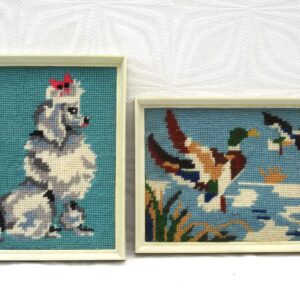 Vintage Kitsch Flying Ducks and Poodle Hand Embroidered Tapestry Pictures 1970s
