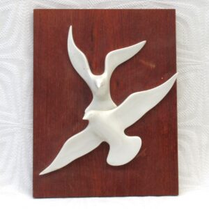 Vintage White Ceramic Birds 3D Picture Wood Veneer Wall Art Mid Century 50s 60s