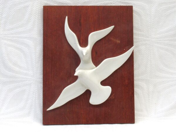 Vintage White Ceramic Birds 3D Picture Wood Veneer Wall Art Mid Century 50s 60s