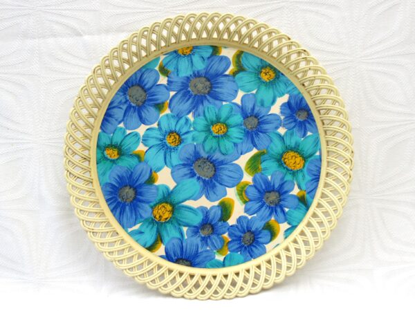 Vintage Dialene Blue Flower Power Serving Tray Round Plastic 60s 70s