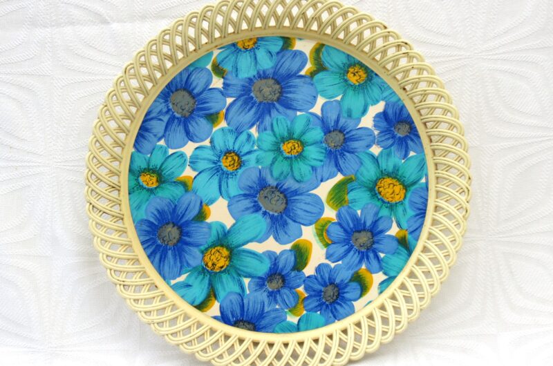 Vintage Dialene Blue Flower Power Serving Tray Round Plastic 60s 70s