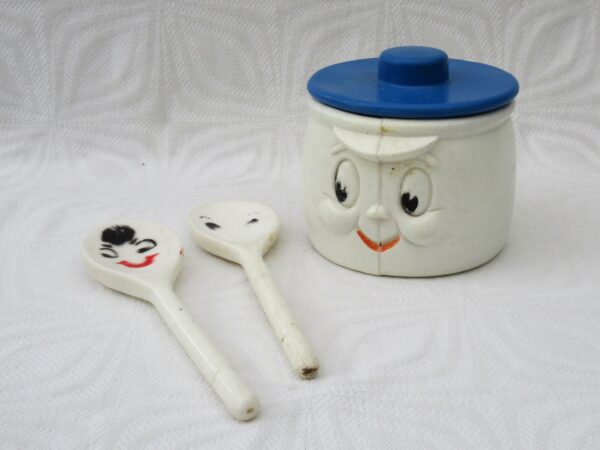 Vintage Mothercare Play Saucepan & Spoons Smiley Face White Blue 1980s