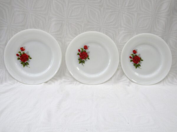 Vintage Phoenix Opalware Red Rose Dinner Plates x3 Milk Glass 50s 60s
