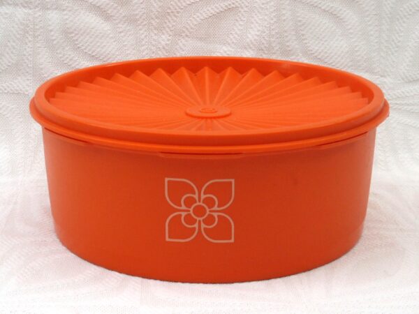 Vintage Tupperware Orange Servalier Flat Storage Container Fan Lid 70s 80s Image