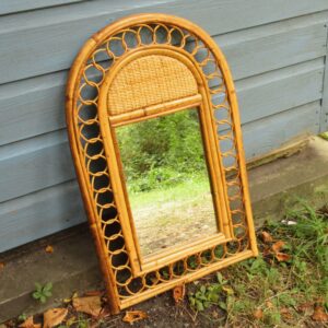 Vintage Bamboo Wicker Arched Wall Mirror 1970s Boho Home Image