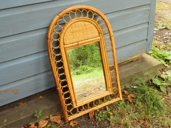 Vintage Bamboo Wicker Arched Wall Mirror 1970s Boho Home Image