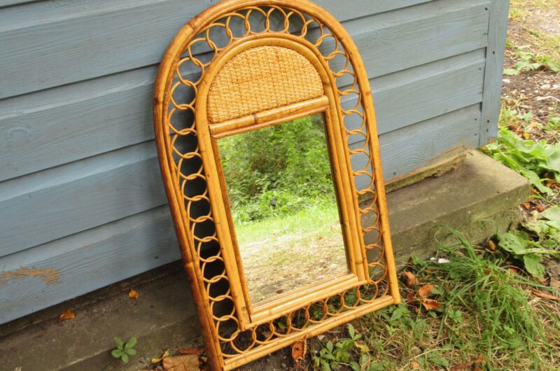 Vintage Bamboo Wicker Arched Wall Mirror 1970s Boho Home Image