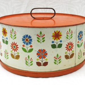 Vintage Cake Tin Large Round Folk Floral Orange Lid Recipes Christine MacNab 1970s Image