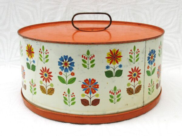 Vintage Cake Tin Large Round Folk Floral Orange Lid Recipes Christine MacNab 1970s Image