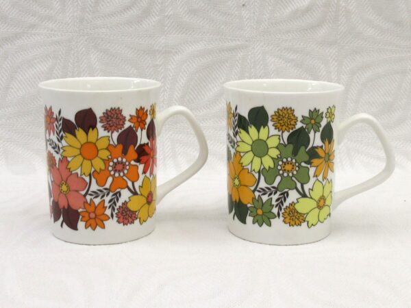 Vintage Flower Power Bone China Mugs x2 Portobello by Elizabethan 1970s Image