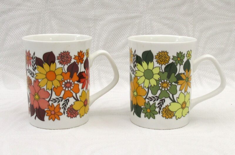 Vintage Flower Power Bone China Mugs x2 Portobello by Elizabethan 1970s Image