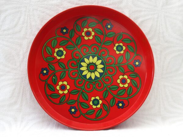 Vintage Red Flower Power Round Tin Tray Pat Albeck Worcester Ware 60s 70s Image