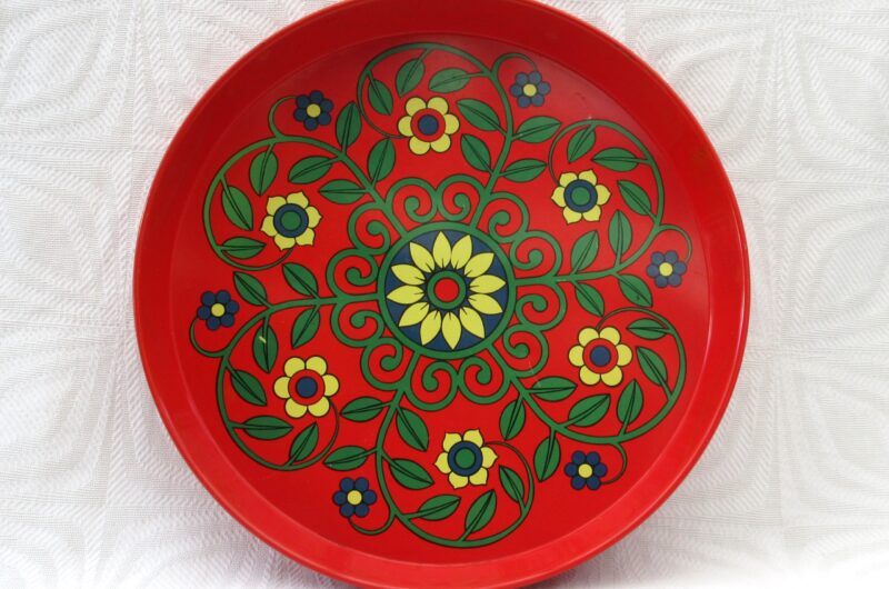 Vintage Red Flower Power Round Tin Tray Pat Albeck Worcester Ware 60s 70s Image