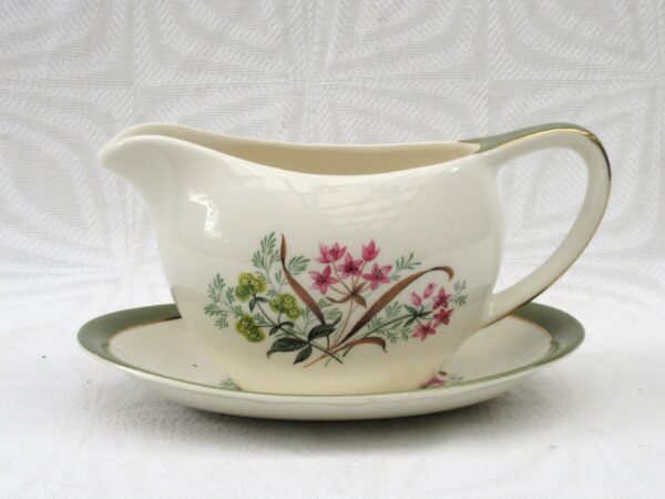 Vintage Gravy Boat and Saucer Bristol Pottery Green Floral 1950s Image