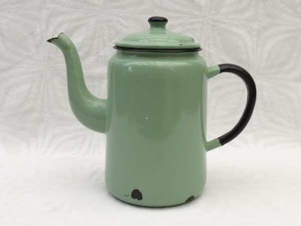 Vintage Green Enamel Coffee Tea Pot 3 Pint Size 30s 40s Image