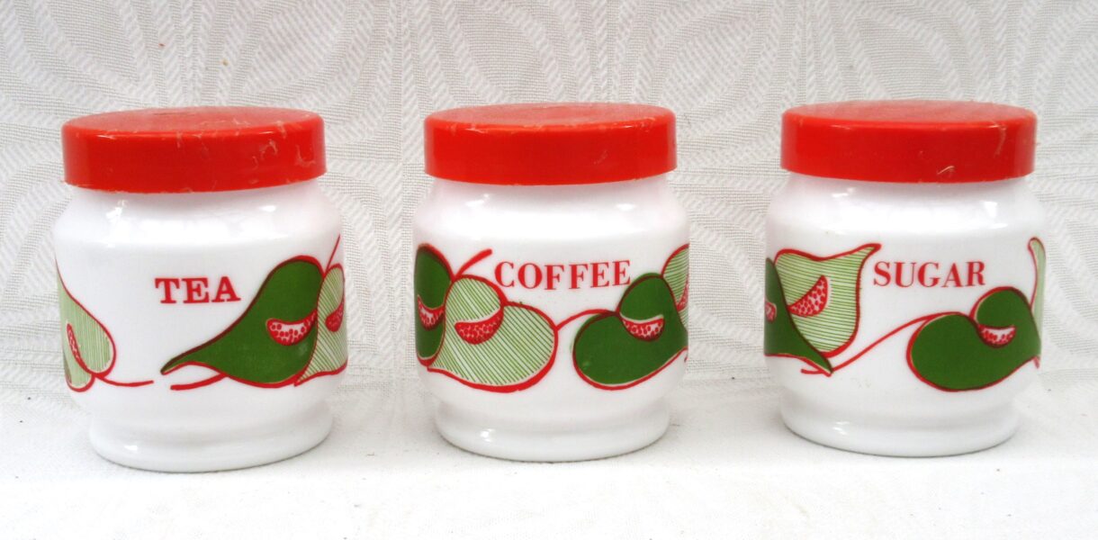 Vintage Italian Milk Glass Tea Coffee Sugar Containers Orange Green Leaf 1970s Image