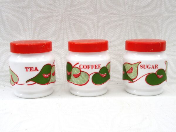 Vintage Italian Milk Glass Tea Coffee Sugar Containers Orange Green Leaf 1970s Image