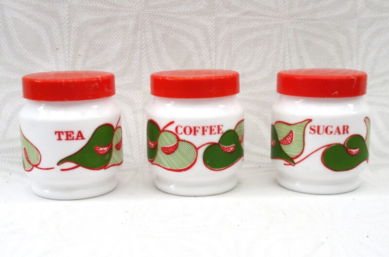 Vintage Italian Milk Glass Tea Coffee Sugar Containers Orange Green Leaf 1970s Image