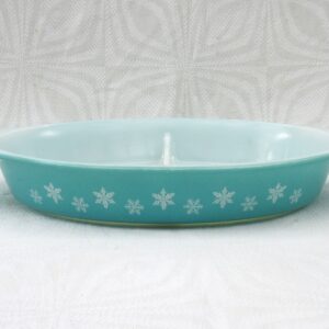 Vintage JAJ Pyrex Turquoise Snowflake Divided Serving Dish 50s 60s Image