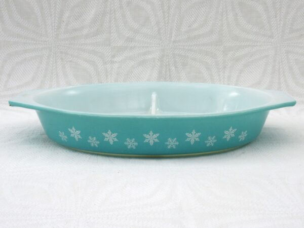 Vintage JAJ Pyrex Turquoise Snowflake Divided Serving Dish 50s 60s Image