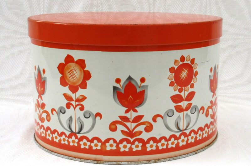 Vintage Flower Power Round Cake Tin Orange Tudor Worcester Ware 1970s Image