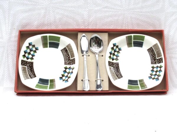 Vintage Palissy Cadiz Square Butter Dishes Knife Spoon Boxed Mid Century 1960s Image