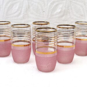 Vintage Pink Frosted Glasses Tumblers x6 Gold Banding 50s 60s Image