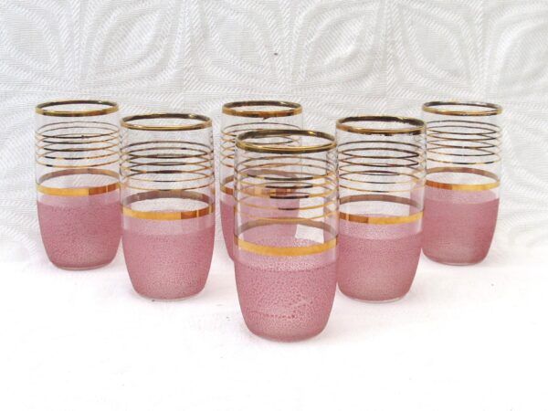 Vintage Pink Frosted Glasses Tumblers x6 Gold Banding 50s 60s Image