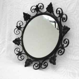 Vintage Round Convex Mirror Black Wrought Iron Look Leaf Frame 1960s Image