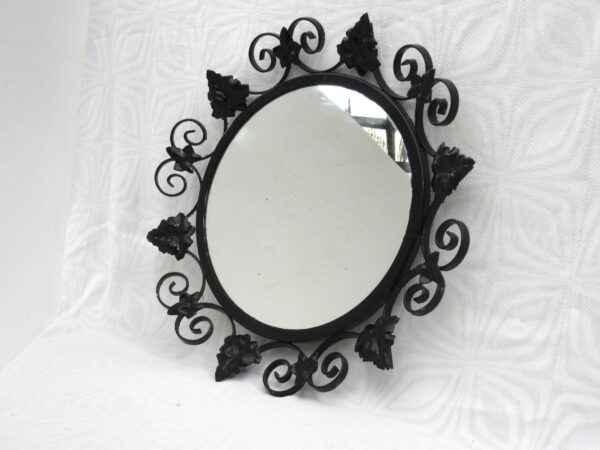 Vintage Round Convex Mirror Black Wrought Iron Look Leaf Frame 1960s Image