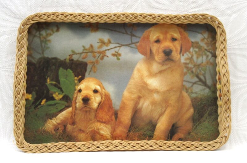 Vintage Wicker Edge Tray Labrador Puppies Rectangular Large 1970s Image