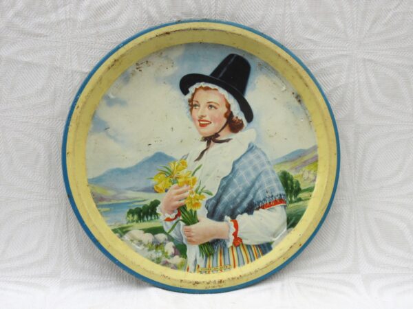 Vintage Worcester Ware Welsh Lady Round Tin Tray 50s 60s Image