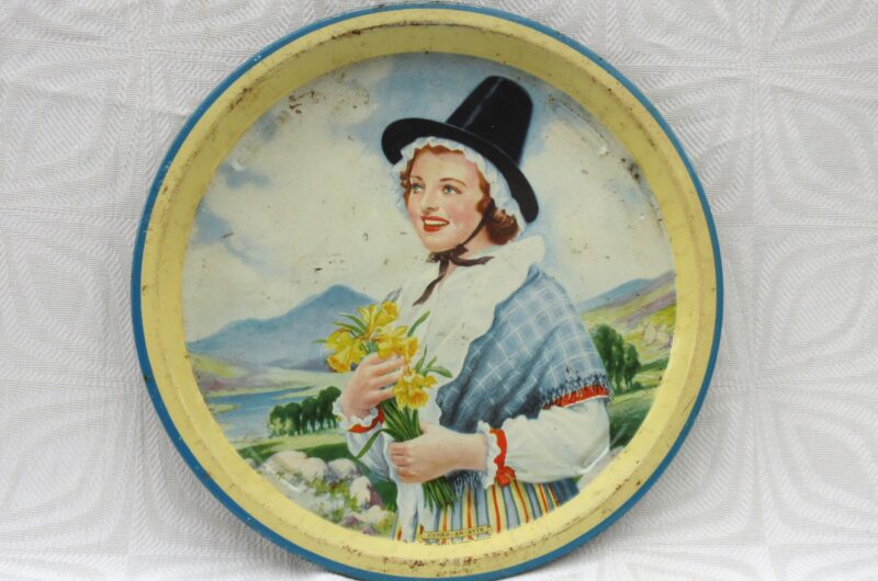 Vintage Worcester Ware Welsh Lady Round Tin Tray 50s 60s Image