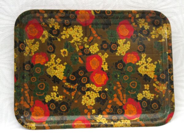 Vintage Bamboo Tray Rectangular Floral Flower Power 1970s Image