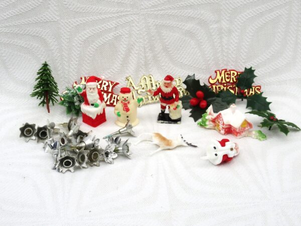 Vintage Christmas Cake Decorations Bundle Plastic Santa Holly 70s 80s Image